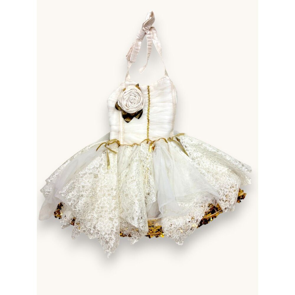 Hippity Hoot Notions Handmade Satin Baby Dress White Gold Lace Formal 6-12M